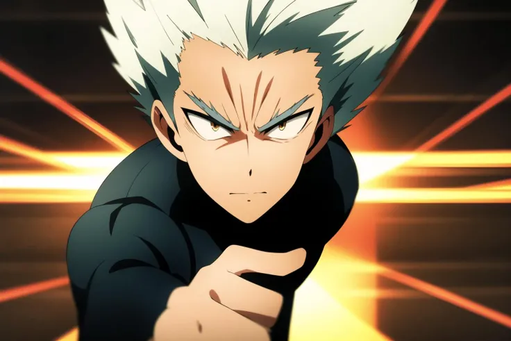 garou, anime, one punch, 1boy, running, (black outfit, emphasis lines), blurry background, male focus, solo, spiked hair, white hair, grey eyes, looking at viewer, serious, <lora:Garou:0.8>