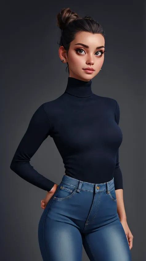 <lora:jessi:0.7>, perfect face, detailed face, eyes looking at viewer, (black turtleneck, blue denim jeans), updo hair behind ears, beautiful perfect body, highres, masterpiece, simple background, clean background, grey background, <lora:p3r3zstyle_v2:0.25> <lora:LowRA:0.9>