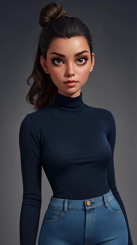 <lora:jessi:0.7>, perfect face, detailed face, eyes looking at viewer, (black turtleneck, blue denim jeans), updo hair behind ears, beautiful perfect body, highres, masterpiece, simple background, clean background, grey background, <lora:p3r3zstyle_v2:0.25> <lora:LowRA:0.9>