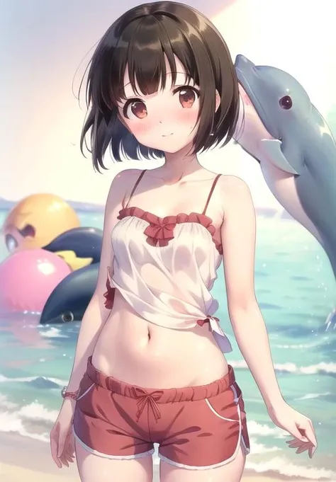 (8K, high resolution), (masterpiece, best quality:1.2), depth of field, detailed face and eyes, blush,
<lora:Oomiya_Shinobu:0.9> oomiya shinobu, blunt bangs,
white camisole, dolphin shorts, navel