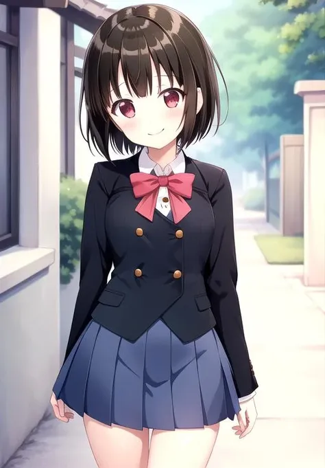 (8K, high resolution), (masterpiece, best quality:1.2), depth of field, detailed face and eyes, blush, grin, v
<lora:Oomiya_Shinobu:0.9> oomiya shinobu, blunt bangs, school uniform, bow, skirt, legs apart