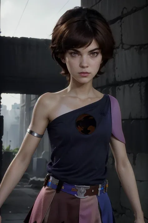 <lora:WilyKit_v1:1>, Hyperrealistic, Masterpiece, Volumetric Lighting, Subsurface Scattering, Photorealistic, anime style , volumetric lighting, best quality, intricate details, tonemapping, sharp focus, hyper detailed, absurdres, highres, upper body photograph of, wilykit, brown hair, black stripe hair, blue tank top, multicolored skirt, one shoulder out, eye of thundera, utility belt, silver armlet, detailed eyes