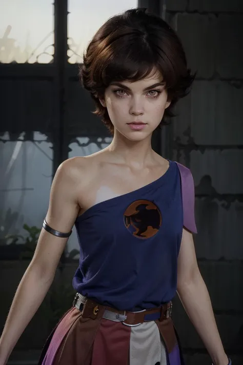 <lora:WilyKit_v1:1>, Hyperrealistic, Masterpiece, Volumetric Lighting, Subsurface Scattering, Photorealistic, anime style , volumetric lighting, best quality, intricate details, tonemapping, sharp focus, hyper detailed, absurdres, highres, upper body photograph of, wilykit, brown hair, black stripe hair, cat eyes, blue tank top, multicolored skirt, one shoulder out, eye of thundera, utility belt, silver armlet, detailed eyes