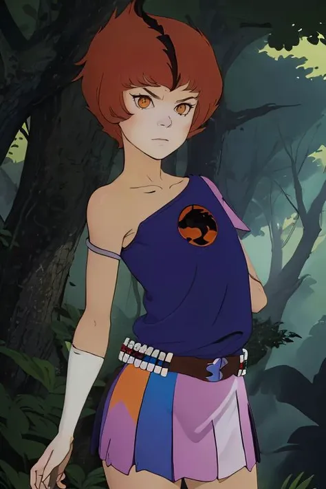 absurdres, comic style, wilykit, brown hair, black stripe hair, blue tank top, multicolored skirt, one shoulder out, eye of thundera, utility belt, silver armlet, forest background <lora:WilyKit_v1:1>