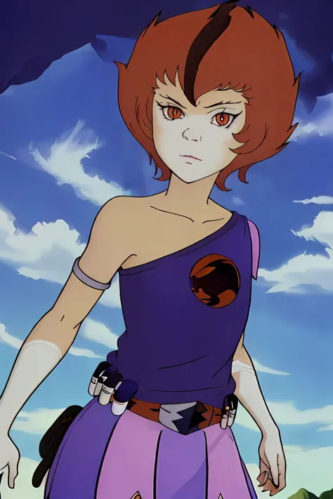 absurdres, wilykit, brown hair, black stripe hair, upper body, blue tank top, multicolored skirt, one shoulder out, eye of thundera, utility belt, silver armlet, detailed eyes <lora:WilyKit_v1:1>