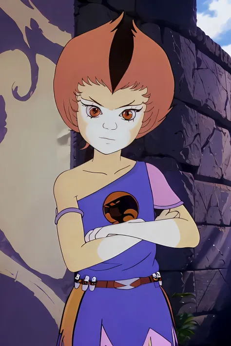 absurdres, wilykit, brown hair, black stripe hair, upper body, blue tank top, multicolored skirt, one shoulder out, eye of thundera, utility belt, silver armlet, detailed eyes <lora:WilyKit_v1:1>