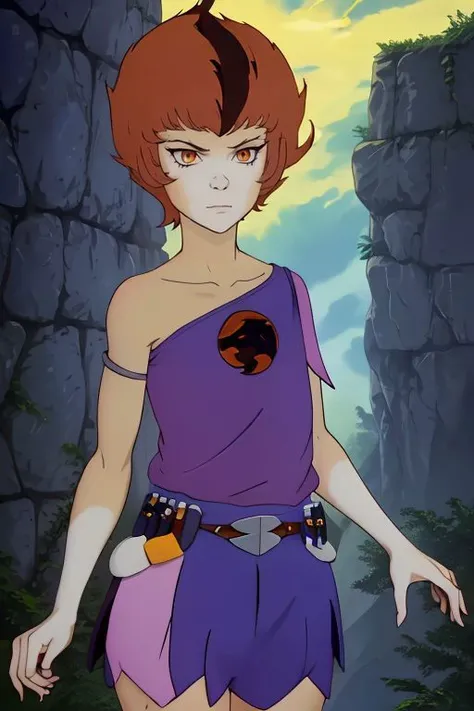 absurdres, realistic, wilykit, brown hair, black stripe hair, upper body, blue tank top, multicolored skirt, one shoulder out, eye of thundera, utility belt, silver armlet, detailed eyes <lora:WilyKit_v1:1>