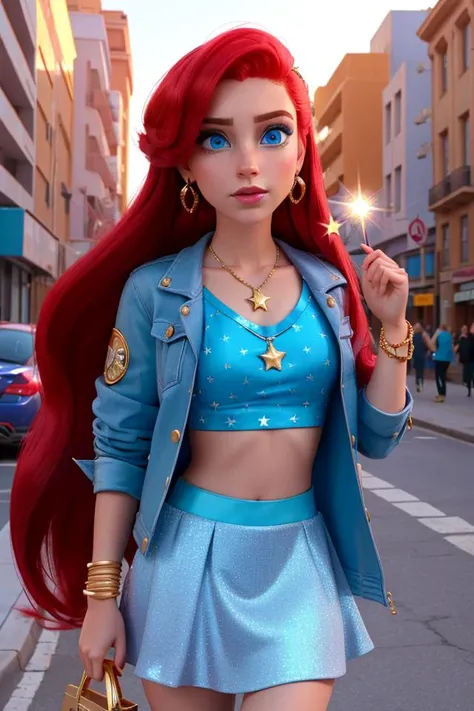 <lora:Ariel1:0.5>, xyzariel, 1girl, trendy clothing, midriff, jacket, lolipop, street, neon dynasty, makeup, blue eyes, skirt, sparkles, star_/(pattern/), jewlery, gold bracelet