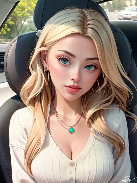Realistic photo of a beautiful c0r1nn4k woman, 1girl, solo, long hair, looking at viewer, blonde hair, shirt, jewelry, green eyes, earrings, signature, necklace, sweater, lips, eyelashes, piercing, ground vehicle, ear piercing, motor vehicle, forehead, realistic, car, car interior, soft lighting, professional Photography, Photorealistic, detailed, RAW, analog, sharp focus, 8k, HD, DSLR, high quality, Fujifilm XT3, film grain, award winning, masterpiece<lora:c0r1nn4k:1.0>