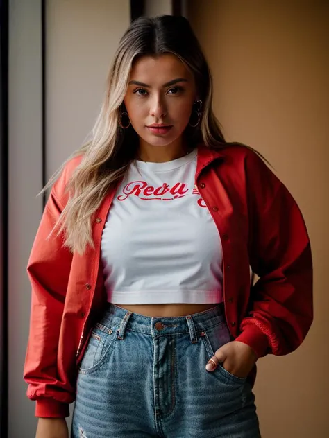 Realistic photo of a beautiful c0r1nn4k woman,1girl, solo, long hair, breasts, looking at viewer, blue eyes, blonde hair, cleavage, jewelry, jacket, (((red t-shirt))), earrings, lips, realistic, professional Photography, Photorealistic, detailed, RAW, analog, sharp focus, 8k, HD, DSLR, high quality, Fujifilm XT3, film grain, award winning, masterpiece<lora:c0r1nn4k:1.0>