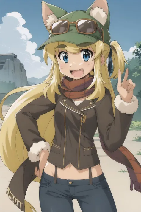 liru, fang, sunglasses, 1girl, fang_out, smile, solo_focus,  hat, scarf, pants