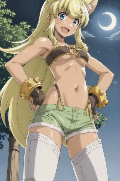 liru, 1girl, beltbra, shorts, denim_shorts, denim, thighhighs, underboob, breasts, gloves, night, hands_on_hips, sky, furry, short_shorts, navel, midriff, fingerless_gloves, from_below, night_sky, smile, grey_shorts, star_(sky), moon, cutoffs, outdoors, boots, thigh_boots, underwear, panties, starry_sky, blue_shorts, body_fur