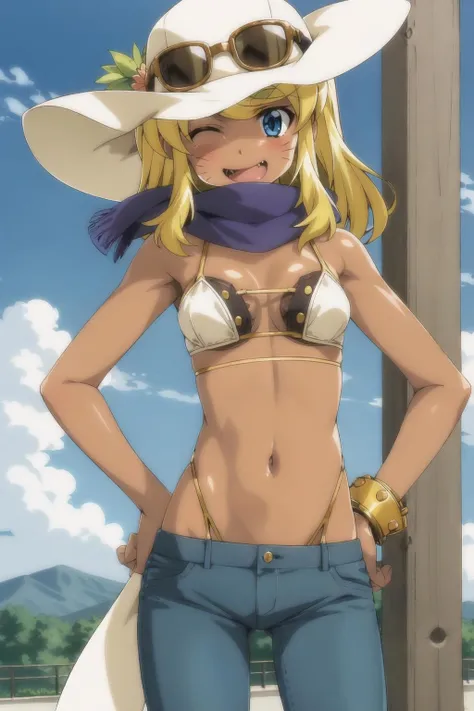 liru, fang, sunglasses, 1girl, fang_out, smile, solo_focus, hat, scarf, pants