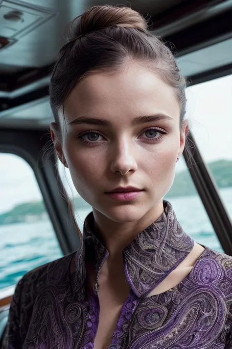 beautiful woman (Th0m4s1nMcK3nz13:.99), perfect hair, (( Purple twisted updo hairstyle:1.2)), ((portrait)), (closeup:1.2), ((from the waist up)), ((( A modern, floating restaurant on a glass-bottom boat, allowing guests to dine while observing underwater life :1.3 ))), natural skin texture, (( Paisley blouse and culottes :1.2)), 24mm, 4k textures, soft cinematic light, adobe lightroom, photolab, hdr, intricate, elegant, highly detailed, sharp focus, ((((cinematic look)))), soothing tones, insane details, intricate details, hyperdetailed, low contrast, soft cinematic light, exposure blend, hdr, faded, now, ("I've got a bad feeling about this.":1.1)