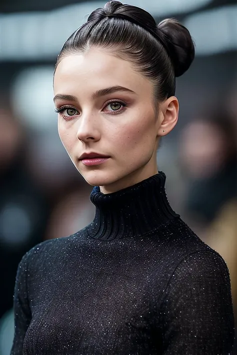 beautiful woman (Th0m4s1nMcK3nz13:.99), perfect hair, (( Blue-black sleek high bun hairstyle:1.3)), ((portrait)), (closeup:1.2), ((from the waist up)), ((( The Crystal Cave: A fantastical place where gemstones and crystals grow in abundance :1.2 ))), natural skin texture, (( Turtleneck sweater and midi skirt :1.2)), 24mm, 4k textures, soft cinematic light, adobe lightroom, photolab, hdr, intricate, elegant, highly detailed, sharp focus, ((((cinematic look)))), soothing tones, insane details, intricate details, hyperdetailed, low contrast, soft cinematic light, exposure blend, hdr, faded, now, ("I've got a bad feeling about this.":1.1)