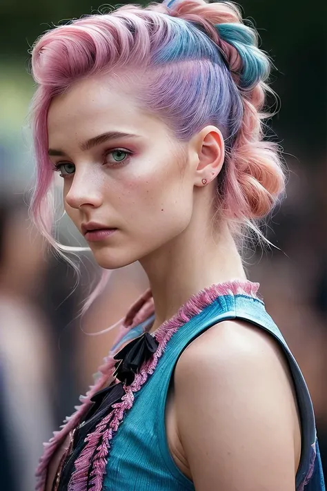 beautiful woman (Th0m4s1nMcK3nz13:.99), perfect hair, (( Medium length pink and blue half-up hairstyle:1.3)), ((portrait)), (closeup:1.2), ((from the waist up)), ((( A vibrant cultural street parade, featuring music, dance, costumes, and performances representing diverse cultural heritage :1.2 ))), natural skin texture, (( Tie-front top and shorts :1.2)), 24mm, 4k textures, soft cinematic light, adobe lightroom, photolab, hdr, intricate, elegant, highly detailed, sharp focus, ((((cinematic look)))), soothing tones, insane details, intricate details, hyperdetailed, low contrast, soft cinematic light, exposure blend, hdr, faded, now, ("I've got a bad feeling about this.":1.1)