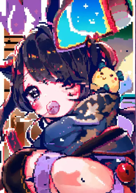 manjuu (azur lane), 1girl, shimenawa, animal ears, fox ears, pantyhose, rope, tail, twintails, food, candy, (lollipop), bangs,japanese clothes, long hair, looking at viewer, brown hair, sitting, purple eyes, fox girl, thick eyebrows, petals, wide sleeves, solo, sidelocks, blurry foreground, kyuubi, holding, bell, black pantyhose, depth of field, blunt bangs, holding candy, blurry, cherry blossoms, detached sleeves, shouji, off shoulder, holding food, bird, chick, kimono, ribbon, animal ear fluff, hair ribbon, long sleeves, sliding doors, eyeshadow, skirt, jingle bell, makeup, sleeves past wrists, toes,<lora:obakeN:1>