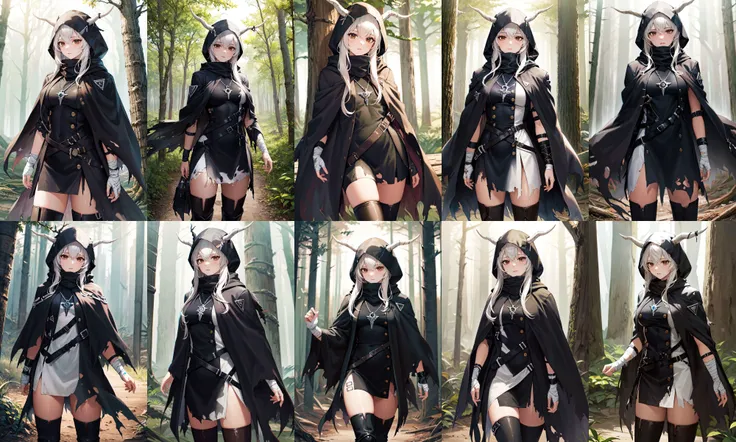 masterpiece, best quality, highres, aashining, long hair, white hair, horns, brown eyes, torn clothes, hood up, hooded cloak, black cloak, necklace, jewelry, black dress, bandages, knee boots, <lora:shining_v1:0.7>, standing, cowboy shot, standing, cowboy shot, forest,