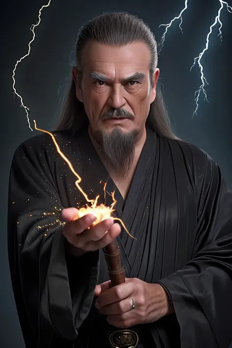 (photo of a man, old male:1.2},very Long beard,grizzled beard,serious look,wielding a flaming sword ,standing, best quality, masterpiece,<lora:li_20230619015054:0.6>,black robe, metal dragon head on the shoulder, long pants,detailed face and eyes, Masterpiece,8k, photorealistic, real shadow, (style-swirlmagic:0.8),focusing, pursed lips, apprentice, casting spell, (light sliver lightning)hair flowing in the wind, magic spell, arcane spell, mana, grim dark realistic lighting,