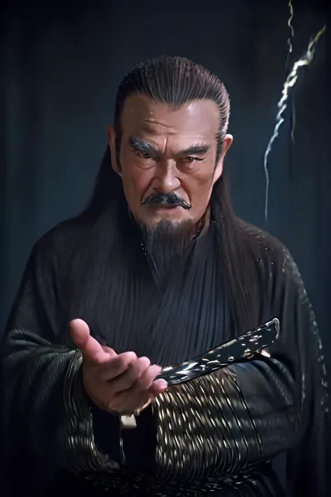 (photo of a man, old male:1.2},very Long beard,grizzled beard,serious look,holding a long sword,standing, portrait photo,best quality, masterpiece,<lora:li_20230619015054:1>,black robe, metal dragon head on the shoulder, long pants,detailed face and eyes, Masterpiece,8k, photorealistic, real shadow, (style-swirlmagic:0.8),focusing, pursed lips, apprentice, casting spell, (light sliver lightning)hair flowing in the wind, magic spell, arcane spell, mana, grim dark realistic lighting,