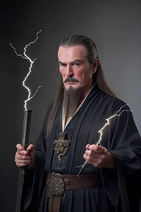 (photo of a man, old male:1.2},very Long beard,grizzled beard,serious look,holding a long sword,standing, best quality, masterpiece,<lora:li_20230619015054:0.6>,black robe, metal dragon head on the shoulder, long pants,detailed face and eyes, Masterpiece,8k, photorealistic, real shadow, (style-swirlmagic:0.8),focusing, pursed lips, apprentice, casting spell, (light sliver lightning)hair flowing in the wind, magic spell, arcane spell, mana, grim dark realistic lighting,