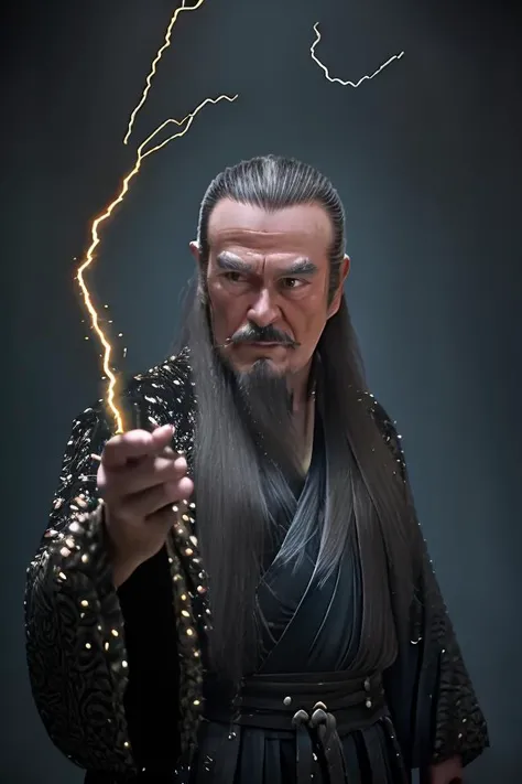 (photo of a man, old male:1.2},very Long beard,grizzled beard,serious look,holding a long sword,standing, best quality, masterpiece,<lora:li_20230619015054:0.8>,black robe, metal dragon head on the shoulder, long pants,detailed face and eyes, Masterpiece,8k, photorealistic, real shadow, (style-swirlmagic:0.8),focusing, pursed lips, apprentice, casting spell, (light sliver lightning)hair flowing in the wind, magic spell, arcane spell, mana, grim dark realistic lighting,
