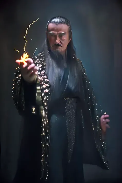 (photo of a man, old male:1.2},very Long beard,grizzled beard,serious look,holding a long sword,standing, portrait photo,best quality, masterpiece,<lora:li_20230619015054:1>,black robe, metal dragon head on the shoulder, long pants,detailed face and eyes, Masterpiece,8k, photorealistic, real shadow, (style-swirlmagic:0.8),focusing, pursed lips, apprentice, casting spell, (light sliver lightning)hair flowing in the wind, magic spell, arcane spell, mana, grim dark realistic lighting,