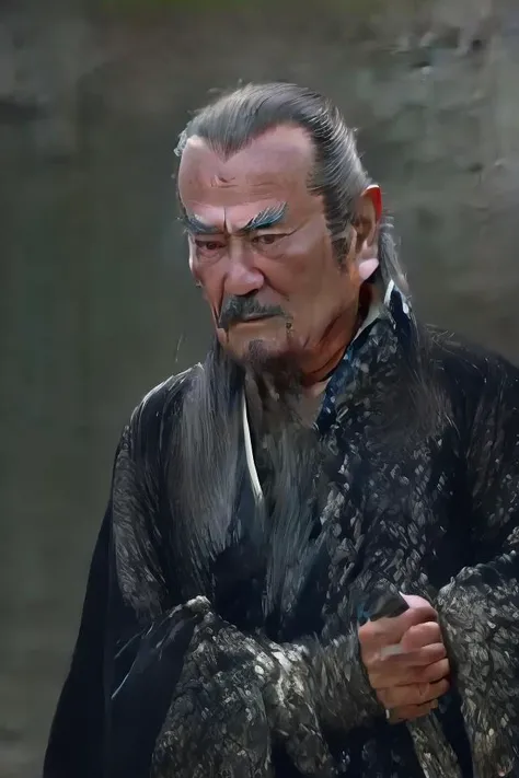 photo of a (men),serious look ,standing at (beach), portrait photo, (closeup:1.2),old man, 80 years old,white hair,<lora:li_20230619015054:1>,black robe, metal dragon head on the shoulder, holding sword,gloves,long pants,detailed face and eyes, Masterpiece, best quality,8k, photorealistic, real shadow,