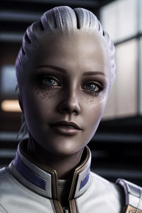 ((Best quality)), ((masterpiece)), (highly detailed:1.3), (cowboy shot:1.5), masseffectliara hands on hip in a atrium with plants in the background, very skinny, slender fit body, ((detailed face)), (detailed skin), blue eyes, smile, cute face, looking at viewer, nice hands, perfect hands, white armor, blue accents, realistic armor materials, shiny armor, dramatic lighting, wallpaper, intricate, sharp focus, ray tracing, rtx, professionally color graded, professional photography, ultra detailed, 4k, 8k, raw, <lora:masseffectliara:0.58>, detailed skin texture, (blush:0.5), (goosebumps:0.5), subsurface scattering, <lora:add_detail:1>, style of Ilya Kuvshinov