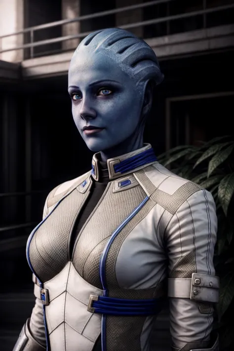 ((Best quality)), ((masterpiece)), (highly detailed:1.3), (cowboy shot:1.5), masseffectliara hands on hip in a atrium with plants in the background, very skinny, slender fit body, ((detailed face)), (detailed skin), blue eyes, smile, cute face, looking at viewer, from above, nice hands, perfect hands, white armor, blue accents, realistic armor materials, shiny armor, dramatic lighting, wallpaper, intricate, sharp focus, ray tracing, rtx, professionally color graded, professional photography, ultra detailed, 4k, 8k, raw, <lora:masseffectliara:0.58>, detailed skin texture, (blush:0.5), (goosebumps:0.5), subsurface scattering, <lora:add_detail:1>, style of Ilya Kuvshinov