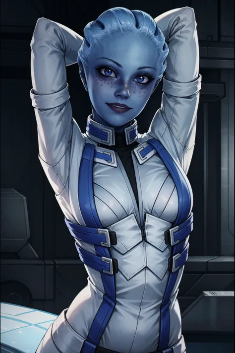 1girl, solo, <lora:masseffectliara:0.6>, masseffectliara, looking at viewer, upper upper body, arms up, (flat chest:1.1)