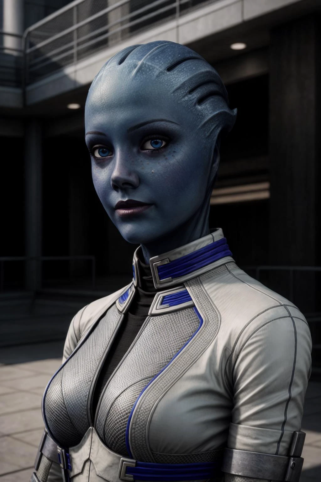 ((Best quality)), ((masterpiece)), (highly detailed:1.3), cowboy shot, masseffectliara hands on hip in a atrium with plants in the background, very skinny, slender fit body, ((detailed face)), (detailed skin), blue eyes, smile, cute face, nice hands, perfect hands, white armor, blue accents, realistic armor materials, shiny armor, dramatic lighting, wallpaper, intricate, sharp focus, ray tracing, rtx, professionally color graded, professional photography, ultra detailed, 4k, 8k, raw, <lora:masseffectliara:0.58>, detailed skin texture, (blush:0.5), (goosebumps:0.5), subsurface scattering, <lora:add_detail:1>, style of Ilya Kuvshinov