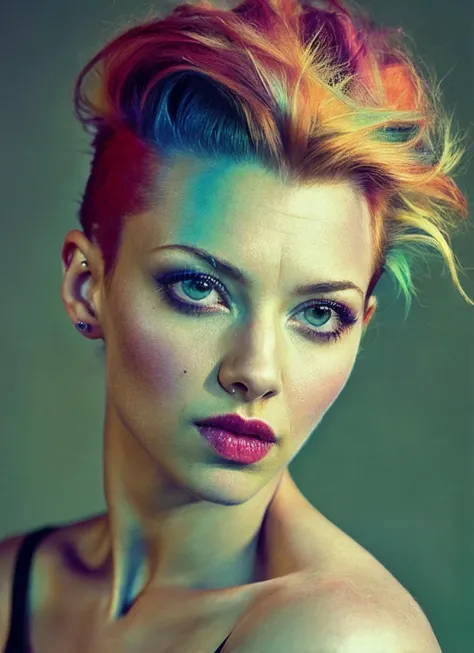 portrait of sks woman by Flora Borsi, style by Flora Borsi, bold, bright colours, orange Mohawk haircut, ((Flora Borsi)), <lora:lora_caradelevigne_v1_from_v1_160:1>