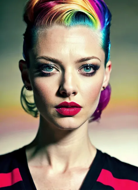 analog style, modelshoot style, portrait of sks woman by Flora Borsi, style by Flora Borsi, bold, bright colours, rainbow Mohawk haircut, ((Flora Borsi)), <lora:locon_amanda_v1_from_v1_64_32:1.25>