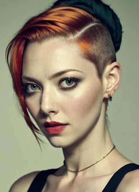 portrait of sks woman by Flora Borsi, style by Flora Borsi, bold, bright colours, orange Mohawk haircut, ((Flora Borsi)), <lora:locon_amanda_v1_from_v1_64_32:1.25>