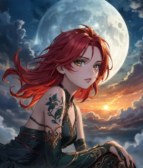 <lora:MadTale Style v2.0 XL:1.2> (madtalestyle:1.5), full body, (masterpiece), best quality, highres, 4k, 8k, intricate detail, cinematic lighting, amazing quality, amazing shading, soft lighting, Detailed Illustration, official artwork, anime style, wallpaper, official art, ultra detailed skin, ultra detailed face, perfect eyes, small skin imperfections, 1girl, Asymmetrical haircut, small boobs, flat chest, Lean body, dark eyes, Fiery red hair, ((best quality)), ((masterpiece)), (detailed), alluring succubus, DemonicT, ethereal beauty, perched on a cloud, (fantasy illustration:1.3), enchanting gaze, captivating pose, otherworldly charm, mystical sky, (Luis Royo:1.2), (Yoshitaka Amano:1.1), moonlit night, soft colors, (detailed cloudscape:1.3), (high-resolution:1.2)