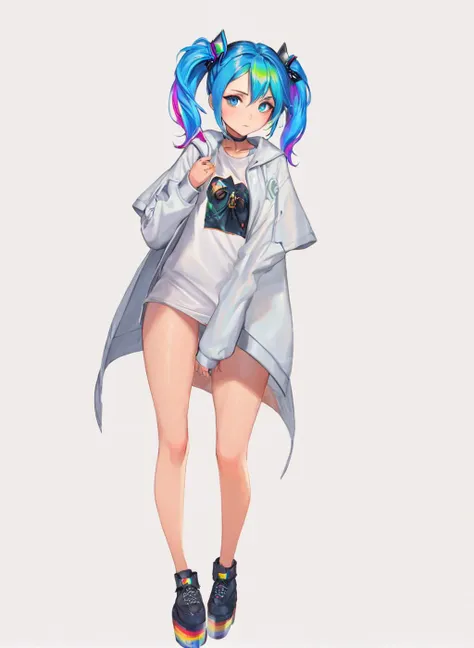 a woman, simple background, full body, white background, perfect eyes, <lora:Hyung_Tae_Kim_XL:1>, (masterpiece), best quality, highres, 4k, 8k, intricate detail, cinematic lighting, amazing quality, amazing shading, soft lighting, Detailed Illustration, official artwork, anime style, wallpaper, official art, chromatic aberration, colorful, bright colors,, templar, 1girl, Top knot, small boobs, flat chest, Long-limbed body, blue eyes, Iridescent rainbow hair