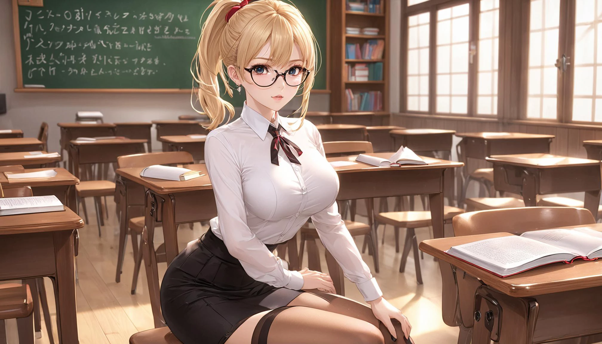 <lora:Granblue_Collection_XL_-_Heroes:0.8>,, raw photo, backview, blonde teacher with cute makeup, age 40, face detailing, (holding textbook and with a pointer: 1.4) , black tight superminiskirt 40 cm long with slit on the back, in high-heeled shoes, in the crowded classroom, white tight - fitting blouse , stylish glasses, , (Thigh high socks :1.3), ponytail, red ribbon, skin tight , (side breasts) , shoulder, collarbone, students, desks ,chairs, long earrings, textbooks, blackboard, classroom, graphic eyeliner, rouge, (choker:0.9), realistic skin texture,,, very thin waist, <lora:SDXL_MassiveCowsLoRA_v1:0.1> breasts, cleavage, slim body,, (8k, masterpiece, best quality, ultra-detailed), (an extremely delicate and beautiful)kawaii, cute, very big eyes, Aesthetic Anime Eyes, small face, large breasts, cinematic lighting, , Intricate, High Detail, Sharp focus, dramatic, masterpiece, best quality, ultra-detailed,