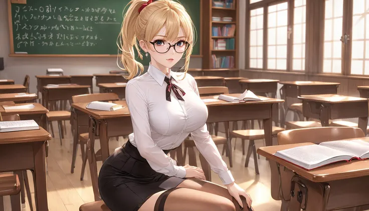 <lora:Granblue_Collection_XL_-_Heroes:0.8>,, raw photo, backview, blonde teacher with cute makeup, age 40, face detailing, (holding textbook and with a pointer: 1.4) , black tight superminiskirt 40 cm long with slit on the back, in high-heeled shoes, in the crowded classroom, white tight - fitting blouse , stylish glasses, , (Thigh high socks :1.3), ponytail, red ribbon, skin tight , (side breasts) , shoulder, collarbone, students, desks ,chairs, long earrings, textbooks, blackboard, classroom, graphic eyeliner, rouge, (choker:0.9), realistic skin texture,,, very thin waist,  <lora:SDXL_MassiveCowsLoRA_v1:0.1> breasts, cleavage, slim body,, (8k, masterpiece, best quality, ultra-detailed),  (an extremely delicate and beautiful)kawaii, cute, very big eyes, Aesthetic Anime Eyes, small face,  large breasts, cinematic lighting, , Intricate, High Detail, Sharp focus, dramatic,   masterpiece, best quality, ultra-detailed,