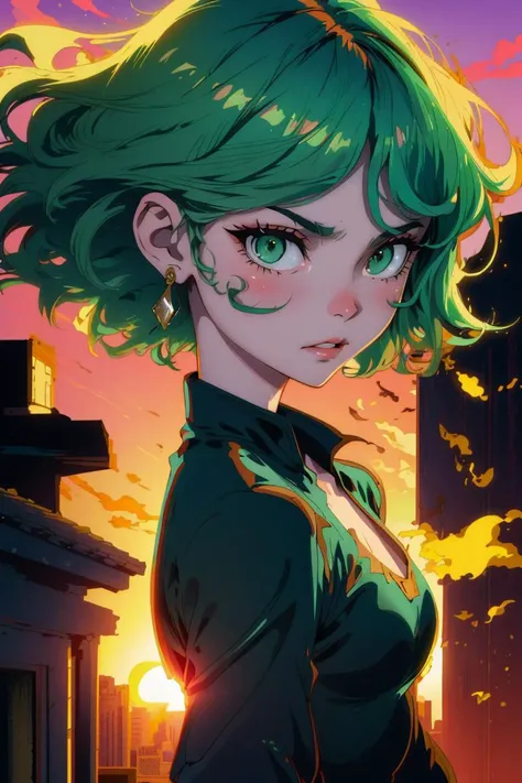 masterpiece, (ultra detailed background, delicate pattern, intricate detail), (highly detailed, fine details), best quality, beautiful lighting, absurdres, 1girl, solo, tatsumaki, ((small breasts, black dress)), fine art, (short green hair), (green eyes), (outside, daytime, futuristic city, cityscape, on roof, sunset, windy, sun light rays), soft light, ((action scene, adult woman, adult body)), <lora:Tatsumaki:0.8>, <lora:DetailTweaker:0.3>, <lora:BeautifulDetailedEyes:0.6>