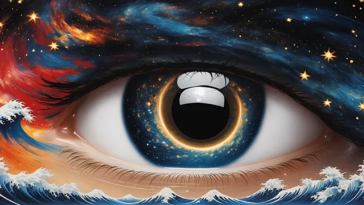 extreme close up of eye with swirling galaxy inside, stars, nebula, black hole masterpiece, best quality, detailed, 8k UHD, high quality, precise, vibrant, sharp focus, intricate detail, Kanagawa waves,Katsushika Hokusai,Edo-period, high-contrast, Japanese, japanese, nature, ukiyo-e, waves, woodblock