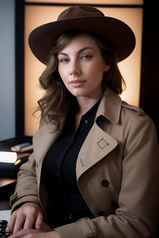 DEN_connie_carter,
(a 1940s private investigator wearing a trench coat and rimmed hat sitting in a drab dank office at the desk using a typewriter, private investigator, 1940s:1.2), bokeh, f1.4, 40mm, photorealistic, raw, 8k, textured skin, skin pores, intricate details  <lora:epi_noiseoffset2:1>, epiCRealism <lora:ClothingAdjuster3:-1>