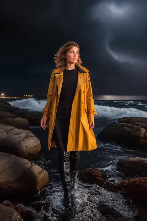 DEN_connie_carter,
(portrait of a lighthouse keeper (walking on the rocks:1.2) on a dark (stormy night:1.2) wearing a yellow raincoat in the wind, (waves crashing:1.2) into the rocks, (storm:1.2), (wind swept:1.2), (gale:1.1), (tsunami:1.1), lighthouse, (night time:1.2), (wet rocks, rocks, rocky:1.2), (splashing waves:1.2), waves, (ocean spray:1.2), (lighthouse:1.1):1.2), bokeh, f1.4, 40mm, photorealistic, raw, 8k, textured skin, skin pores, intricate details <lora:epi_noiseoffset2:1>, epiCRealism <lora:ClothingAdjuster3:-1>