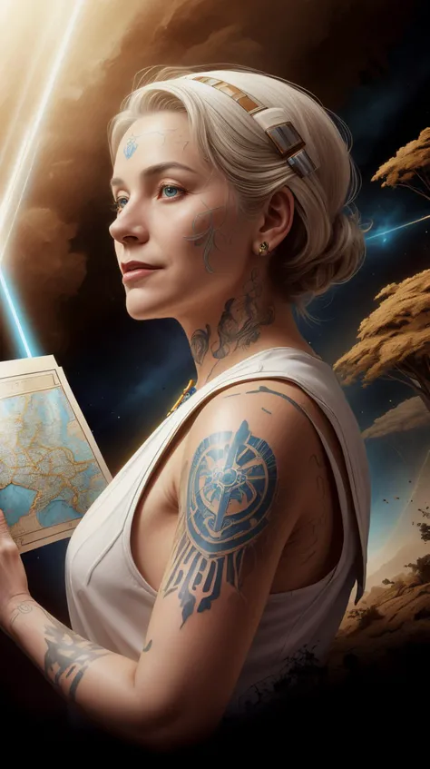<lora:GalacticEmpireStyle:0.7> GalacticEmpireStyle, white, portrait of an elderly woman with maps of imaginary lands tattooed on her skin, earthy colors, hi-tech plastic, worldoflight, portrait of an elderly woman with maps of imaginary lands tattooed on her skin, earthy colors, yellow (orange:0.8) and White, divine holy light, heavenly <lora:WorldofLight:0.7>