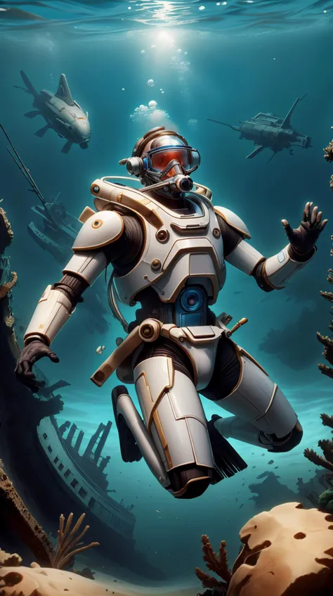 <lora:GalacticEmpireStyle:0.7> GalacticEmpireStyle, white, a diver finding a rare artifact amidst a sunken pirate shipwreck, hi-tech plastic, worldoflight, a diver finding a rare artifact amidst a sunken pirate shipwreck, Cyan and Fuchsia, divine holy light, heavenly <lora:WorldofLight:0.7>