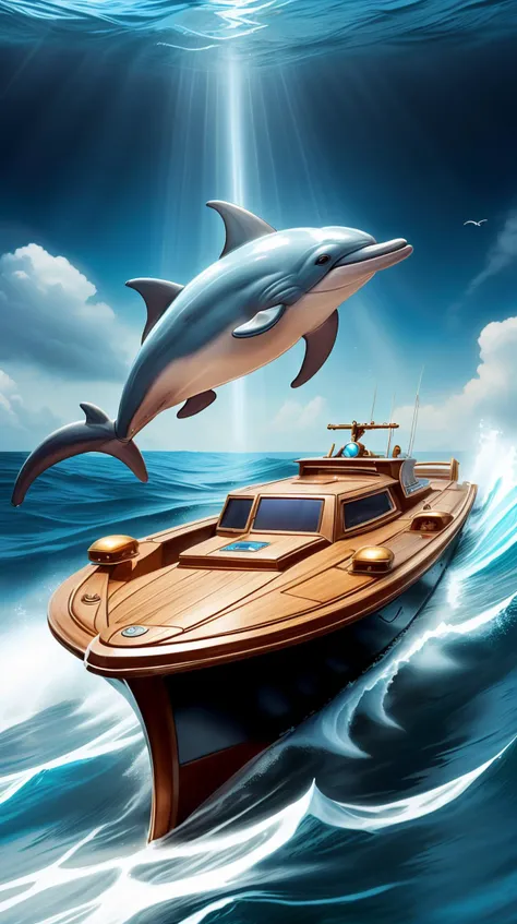 <lora:GalacticEmpireStyle:0.7> GalacticEmpireStyle, white, a playful dolphin riding the waves alongside a boat, hi-tech plastic, worldoflight, a playful dolphin riding the waves alongside a boat, Indigo and Gold, divine holy light, heavenly <lora:WorldofLight:0.7>