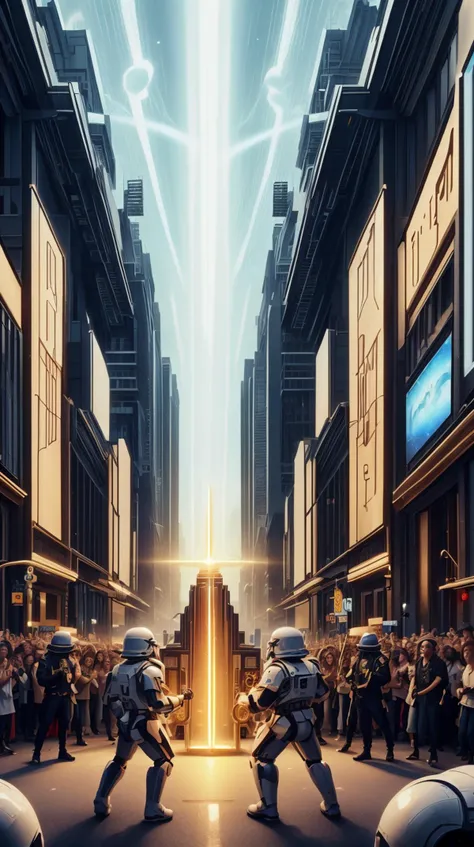 <lora:GalacticEmpireStyle:0.7> GalacticEmpireStyle, white, musicians performing on a busy city street, crowd gathered to watch, hi-tech plastic, worldoflight, musicians performing on a busy city street, crowd gathered to watch, yellow (orange:0.8) and Magenta, divine holy light, heavenly <lora:WorldofLight:0.7>