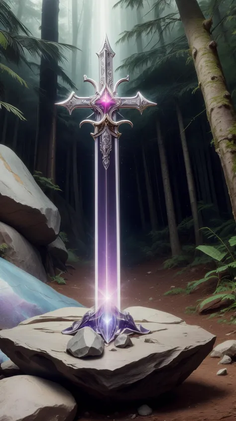 <lora:GalacticEmpireStyle:0.7> GalacticEmpireStyle, white, a magical sword embedded in a rock in the heart of an enchanted forest, hi-tech plastic, worldoflight, a magical sword embedded in a rock in the heart of an enchanted forest, Purple and Fuchsia, divine holy light, heavenly <lora:WorldofLight:0.7>