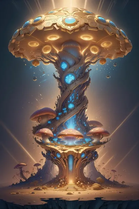 An award-winning digital image of a worldoflight giant mushroom, sunshafts, (masterwork:1.2), (dynamic lighting:1.1), intricate details, hd, 8k, gold and blue<lora:morph_taintedcoil2_WorldofLight:0.760>