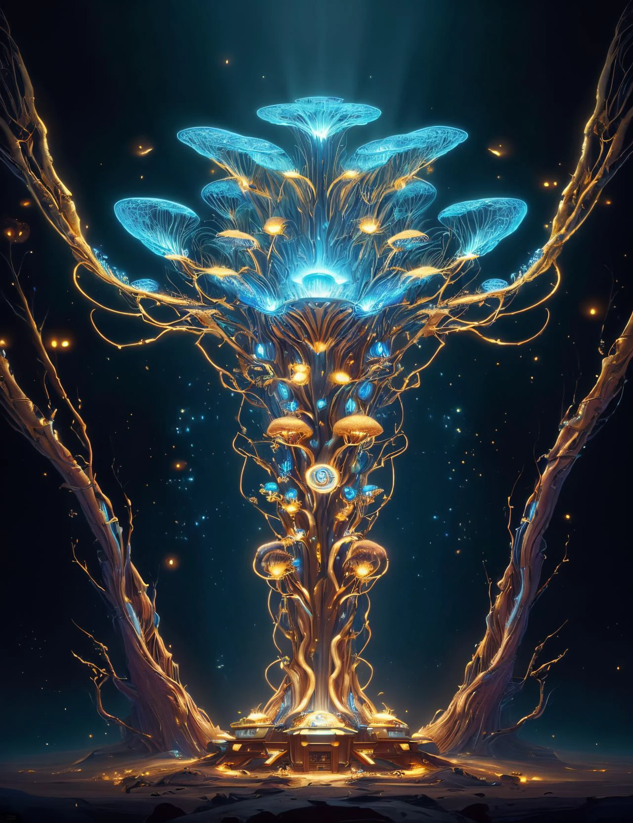 ((best quality)), ((masterpiece)), ((realistic,digital art)), (hyper detailed), worldoflight, gold and blue,divine holy light,heavenly, Bicolored Compact Conical Smooth mushroom, Curled, Fungal Filaments Entwined with Roots, Suburban, Clustered, Terracotta Gills with Anastomosing Veins, Milky Latex,,Wrinkled Hymenium, Health-promoting, , octane rendering, raytracing, volumetric lighting, Backlit,Rim Lighting, 8K, HDR, smooth, gold, scifi <lora:WorldofLight:0.85>